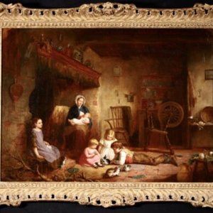 EDWARD MANN (Act. 1857-1870) LARGE SIGNED ENGLISH GENRE OIL - FIGURES IN COTTAGE